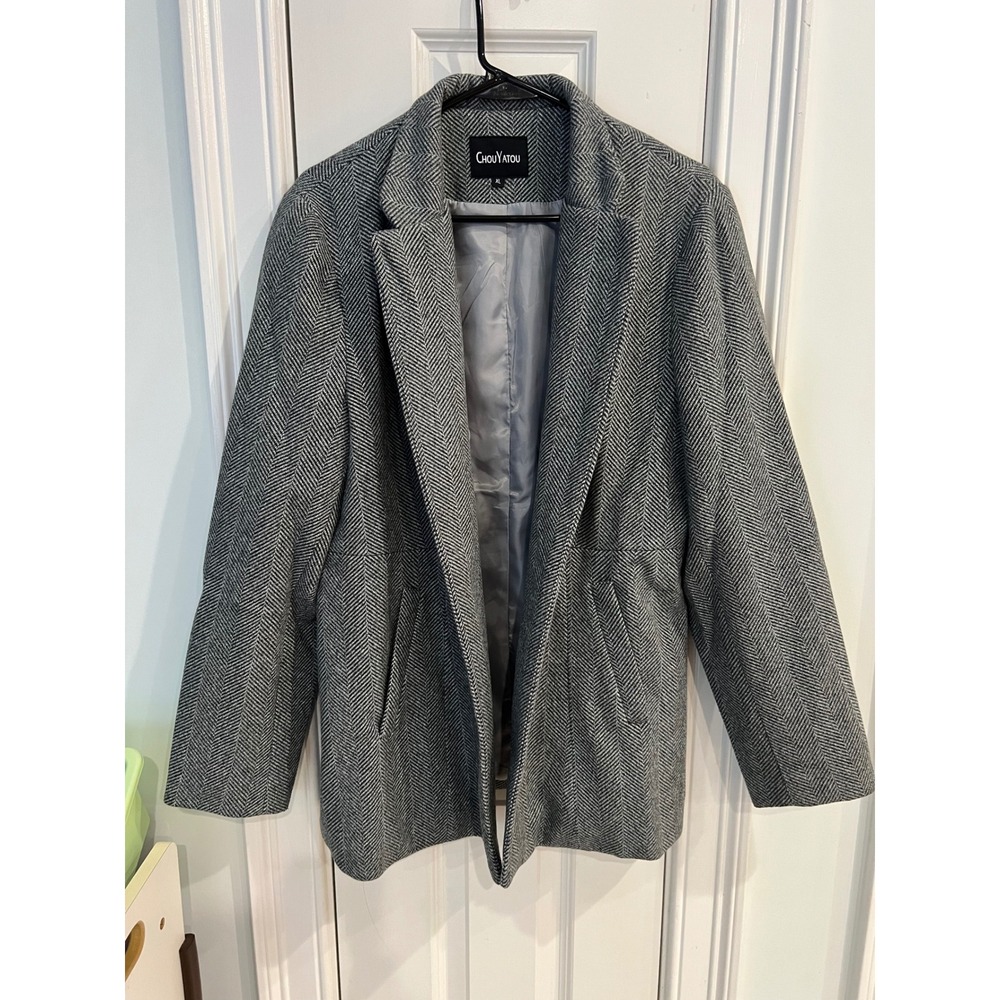 Chouyatou Herringbone Blazer Coat Grey White Open Front XL QMDJL441-HY-23
